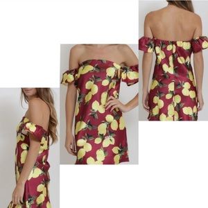 New!  Lemon Print Off the shoulder casual boho mini dress